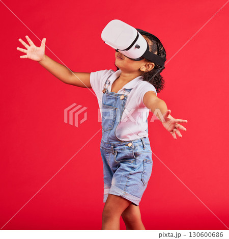 Gaming, virtual reality and metaverse with girl and glasses for digital transformation, wow and innovation. Happy, cyber and augmented reality with child and vr headset for technology, future or 3d 130600686