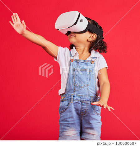 Gaming, virtual reality and wow with girl and glasses for digital transformation, video games and innovation. Happy, cyber and augmented reality with child and vr headset for technology, future or 3d 130600687