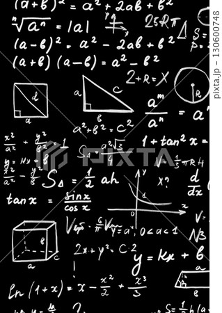 Complex Physics and Math Formulas on Black Blackboard 130600748