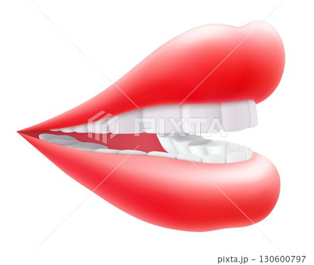 Sexy juicy lips in vibrant color isolated on white background. Perfect for beauty, makeup, and fashion concepts. Woman's kiss side view, a smile. Glamorous look. 3D realistic vector illustration. Sexy juicy lips in vibrant color isolated on white background. Perfect for beauty, makeup, and fashion concepts. Woman's kiss side view, a smile. Glamorous look. 3D realistic vector illustration. 130600797