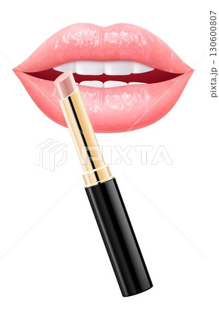 Sexy juicy lips with bright nude lipstick isolated on white background. Cosmetics advertising concept. Lip balm and juicy lips. Perfect for beauty, makeup. 3D realistic vector illustration. Sexy juicy lips with bright nude lipstick isolated on white background. Cosmetics advertising concept. Lip balm and juicy lips. Perfect for beauty, makeup. 3D realistic vector illustration. 130600807