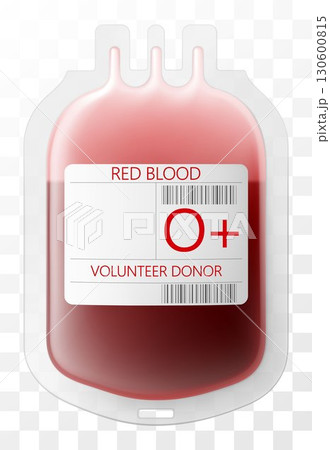 Medical dropper bag with blood O+. Blood injection and transfusion bag isolated on transparent background. Medicine and donation concept. Bag with blood and plasma. Realistic 3d vector illustration 130600815
