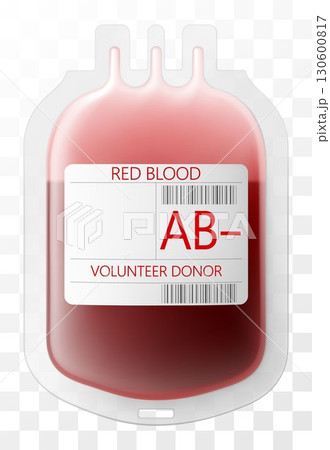 Medical dropper bag with blood AB-. Blood injection and transfusion bag isolated on transparent background. Medicine and donation concept. Bag with blood and plasma. Realistic 3d vector illustration 130600817
