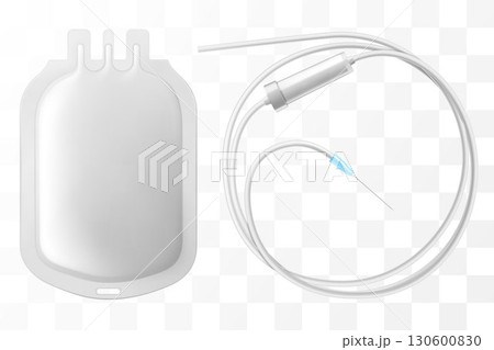 Saline solution bag. IV drip vitamin minerals for health. Intravenous therapy with dropper bag. Collagen skincare beauty. Medical concept. Isolated realistic on transparent background 3D vector. 130600830