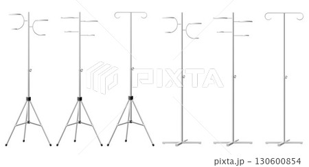Set of Hospital IV Stands, Medical Infusion Pole with Hooks isolated on transparent background. IV Blood Bag Dropper Stand. Laboratory equipment for blood transfusion. Realistic 3d Vector Illustration 130600854