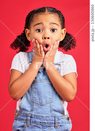Wow, surprise face and portrait of girl on red background for with omg, comic and shock facial expression. Kids fashion, mockup and cute girl in studio for promotion, sale and discount announcement 130600860