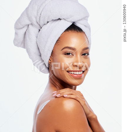 Body cream, beauty and skincare woman portrait in studio for dermatology, cosmetics and natural skin. Aesthetic model person with spa product for a healthy glow on back isolated on a white background 130600940