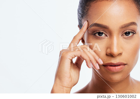 Black woman, portrait and beauty mockup in studio, white background and isolated space. Serious female model face, facial skincare and cosmetics for dermatology, natural makeup and wellness in Brazil 130601002