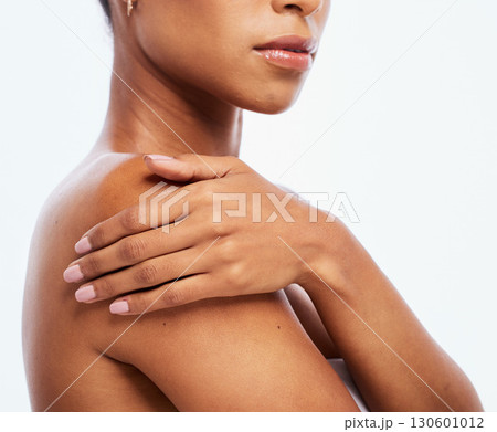 Woman, hands and shoulder in skincare cosmetics or beauty moisturizer isolated on a white background. Hand of female touching skin and body in self love or care for soft, smooth or healthy treatment Woman, hands and shoulder in skincare cosmetics or beauty moisturizer isolated on a white background. Hand of female touching skin and body in self love or care for soft, smooth or healthy treatment 130601012