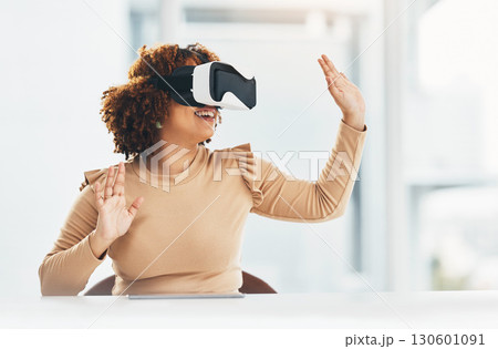 VR, happy and woman with glasses for a connection, digital project and system. Touching, ai and smiling business employee working with an interactive, futuristic and virtual reality program online VR, happy and woman with glasses for a connection, digital project and system. Touching, ai and smiling business employee working with an interactive, futuristic and virtual reality program online 130601091