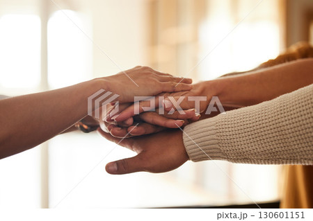 Hands together, teamwork and collaboration for support, solidarity and team building in office. Cooperation, unity and group of business people stack hand or huddle for trust, motivation and union. 130601151
