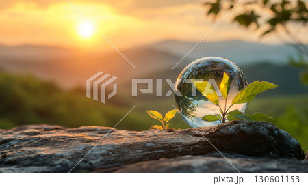 The close-up view of a glass sphere reflecting the nature scape. AI Generated. 130601153