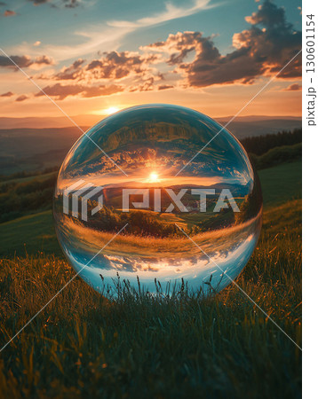 Nature scape in a clear glass crystal ball. AI Generated. 130601154