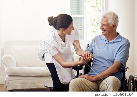 Nurse helping disabled man in wheelchair for medical trust, wellness and support in nursing home. Happy caregiver, senior patient and disability service for healthcare, rehabilitation and mockup aid Nurse helping disabled man in wheelchair for medical trust, wellness and support in nursing home. Happy caregiver, senior patient and disability service for healthcare, rehabilitation and mockup aid 130601164