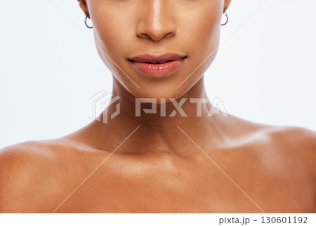 Skincare, glow and shoulders of a woman with beauty isolated on a white background in a studio. Dermatology, wellness and face, body and skin of a cosmetics model glowing with a tan on a backdrop 130601192