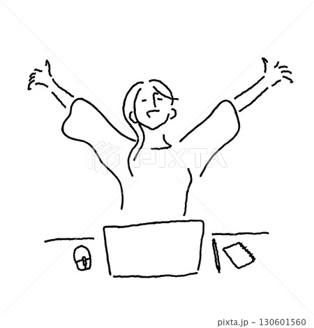 パソコンの前で両手を上げてバンザイする女性 仕事が終わった解放感 ビジネスイラスト 130601560