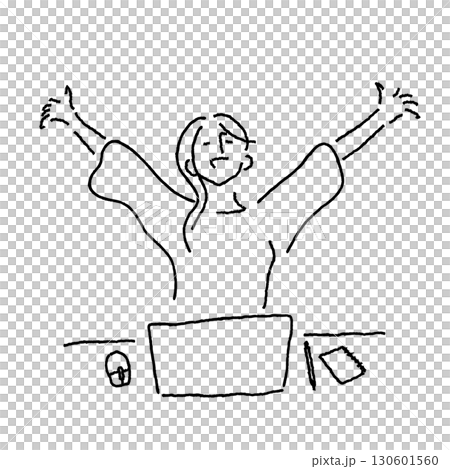 パソコンの前で両手を上げてバンザイする女性 仕事が終わった解放感 ビジネスイラスト 130601560