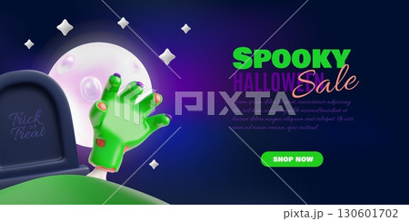 Halloween spooky sale 3D vector banner design, special offer promotion, creepy zombie green hand, gravestone, full moon Halloween spooky sale 3D vector banner design, special offer promotion, creepy zombie green hand, gravestone, full moon 130601702