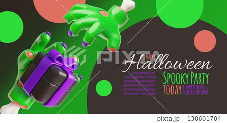 Happy Halloween spooky party 3D banner vector design, creepy zombie green hand holds gift box, monsters walking dead 130601704
