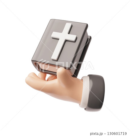 Holy bible in hand 3D cartoon vector icon, Christianity book with religion cross sign on the cover, god worship prayer Holy bible in hand 3D cartoon vector icon, Christianity book with religion cross sign on the cover, god worship prayer 130601719