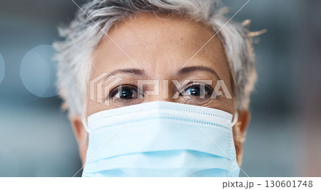 Elderly woman, face mask and healthcare with Covid, safety from virus and PPE health portrait. Medicine, medical compliance or policy with wellness, bokeh and surgery with protection from bacteria 130601748