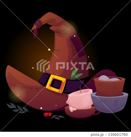 Magic witch hat with candle and mortar, vector wizard old brown hat with patches decorated belt with buckle, Halloween Magic witch hat with candle and mortar, vector wizard old brown hat with patches decorated belt with buckle, Halloween 130601760
