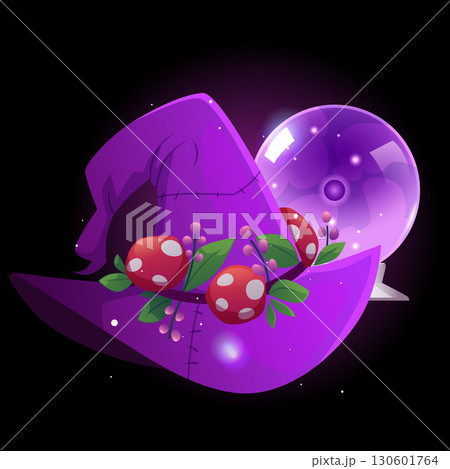 Magic witch hat and magical crystal ball, vector cartoon wizard spooky hat with plant and fly agarics, Halloween costume Magic witch hat and magical crystal ball, vector cartoon wizard spooky hat with plant and fly agarics, Halloween costume 130601764