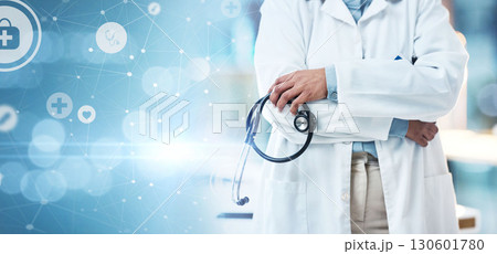 Doctor, arms crossed and stethoscope in futuristic healthcare, life insurance or cardio medical cover in hospital mock up. Woman, future or abstract hologram on medicine, global network or bokeh help Doctor, arms crossed and stethoscope in futuristic healthcare, life insurance or cardio medical cover in hospital mock up. Woman, future or abstract hologram on medicine, global network or bokeh help 130601780