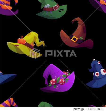 Magic witch hats vector seamless pattern, cartoon wizard spooky hat with pumpkins, mushroom, eyes, Halloween costume Magic witch hats vector seamless pattern, cartoon wizard spooky hat with pumpkins, mushroom, eyes, Halloween costume 130601808
