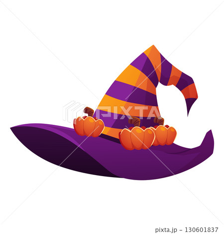 Magic witch hat, vector cartoon wizard spooky hat decorated with pumpkins, Halloween party mystical costume element Magic witch hat, vector cartoon wizard spooky hat decorated with pumpkins, Halloween party mystical costume element 130601837