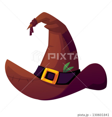 Magic witch hat with patches vector icon, cartoon wizard old brown hat decorated belt with buckle, Halloween costume 130601841