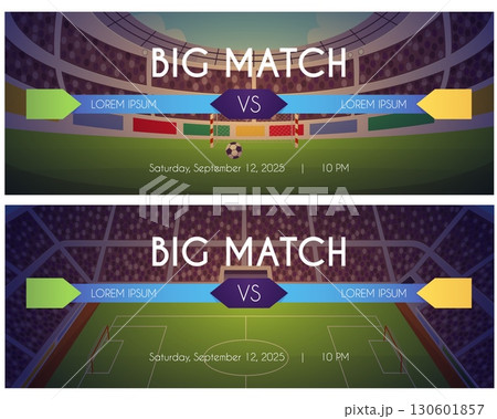Football soccer at the stadium, Big match TV translation, vector flat sports game League championship broadcast screen Football soccer at the stadium, Big match TV translation, vector flat sports game League championship broadcast screen 130601857