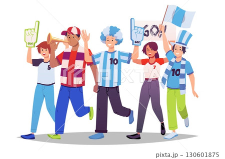 People crowd of cheering sport fans with flag and posters, scarves and hats, wig, vector flat supporting team procession 130601875