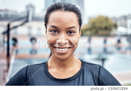 Portrait, happy and fitness with a sports black woman outdoor for a running, cardio or endurance workout. Face, smile and exercise with a female athlete training outside for health or vitality Portrait, happy and fitness with a sports black woman outdoor for a running, cardio or endurance workout. Face, smile and exercise with a female athlete training outside for health or vitality 130601894