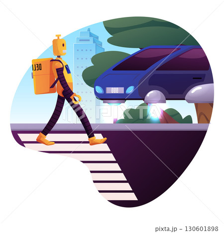 Cartoon robot carries delivery box, flying car aircraft on the city street, vector flat delivery robot transportation 130601898