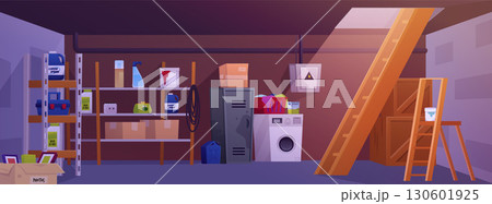 Daytime basement interior with stairs, furniture, shelves, household inventory. 130601925