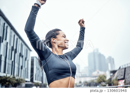 Outdoor, exercise and black woman with hands in air, achievement and fitness with target, goal and success. African American female, runner and athlete training, city and celebration with motivation Outdoor, exercise and black woman with hands in air, achievement and fitness with target, goal and success. African American female, runner and athlete training, city and celebration with motivation 130601948