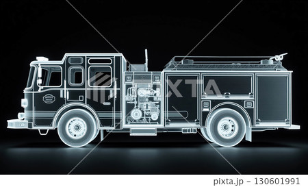 消防車・ハシゴ車のレントゲン写真、モノクロ 130601991