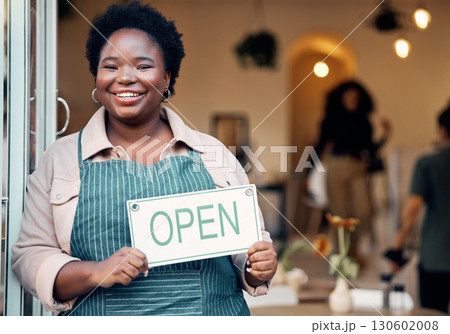 Open sign, portrait and black woman in small business startup for shopping, customer service and retail success. Boss, manager or person hand holding board for welcome in new store with smile at door Open sign, portrait and black woman in small business startup for shopping, customer service and retail success. Boss, manager or person hand holding board for welcome in new store with smile at door 130602008