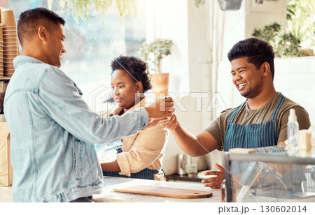 Customer, purchase and coffee shop service for man at a cafe or restaurant with friendly worker in the morning. Beverage, consumer and man gives satisfied buyer an expresso or tea in a store 130602014