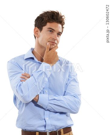Young professional man thinking isolated on a white background contemplating career, job or work decision emoji. Wonder, contemplating and business person or model for ideas or inspiration in studio Young professional man thinking isolated on a white background contemplating career, job or work decision emoji. Wonder, contemplating and business person or model for ideas or inspiration in studio 130602472