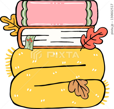 Fall Reading Autumn Bookish Stack of Books and Scarf with Leaves Hand Drawn 130602517