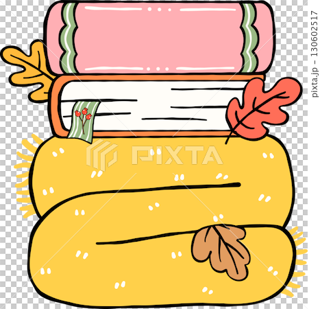 Fall Reading Autumn Bookish Stack of Books and Scarf with Leaves Hand Drawn 130602517