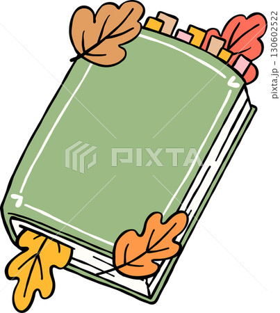 Fall Reading Autumn Bookish, Closed Green Book with Leaves Hand Drawn 130602522
