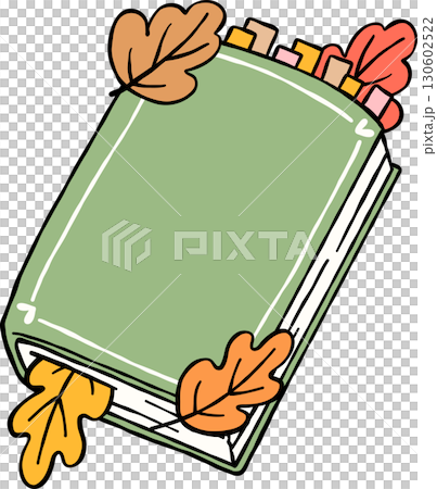Fall Reading Autumn Bookish, Closed Green Book with Leaves Hand Drawn 130602522