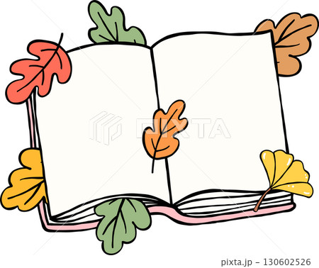 Fall Reading Bookish, Open Book with Autumn Leaves Hand Drawn Fall Reading Bookish, Open Book with Autumn Leaves Hand Drawn 130602526
