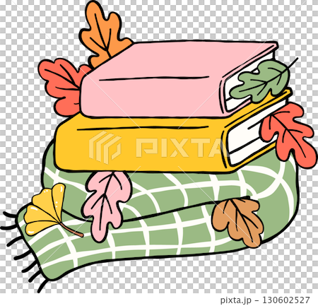 Fall Reading Bookish, Stack Book with Autumn Leaves on Scraf Hand Drawn Fall Reading Bookish, Stack Book with Autumn Leaves on Scraf Hand Drawn 130602527