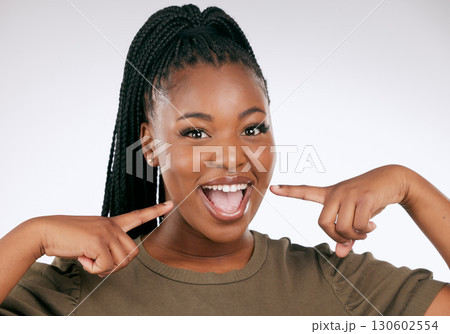 Portrait, dental and a black woman pointing to her mouth in studio on a gray background for oral hygiene. Face, teeth and an attractive young female inside to point at her teeth for whitening Portrait, dental and a black woman pointing to her mouth in studio on a gray background for oral hygiene. Face, teeth and an attractive young female inside to point at her teeth for whitening 130602554