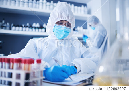 Science, writing or doctor in laboratory with notebook for research, medical exam or DNA sample analysis. Healthcare, biotechnology or scientist on medicine checklist, covid results or vaccine report Science, writing or doctor in laboratory with notebook for research, medical exam or DNA sample analysis. Healthcare, biotechnology or scientist on medicine checklist, covid results or vaccine report 130602607