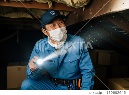 建物の屋根裏を点検する害獣駆除作業員。懐中電灯で暗闇を照らし、埃が舞う中で真剣に作業するプロの姿 130602646